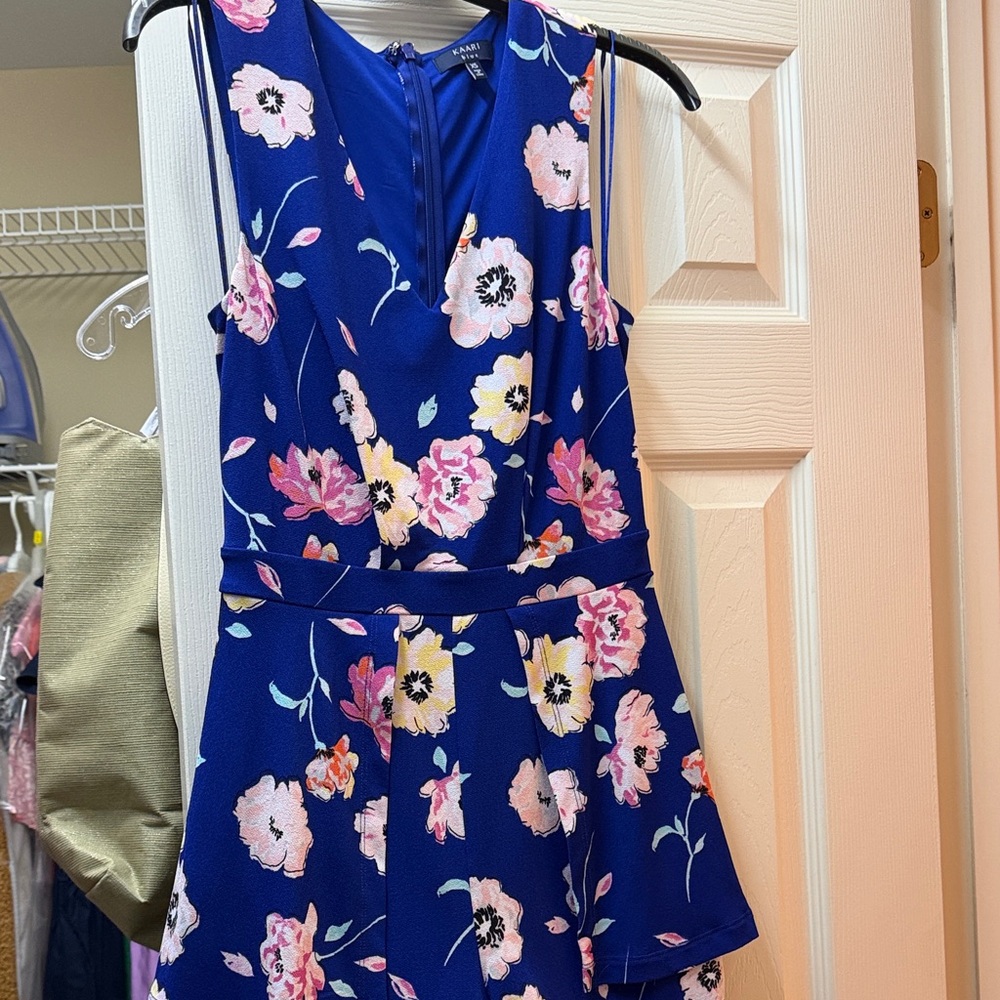 Kaari Blue Royal Blue Floral Sleeveless Romper